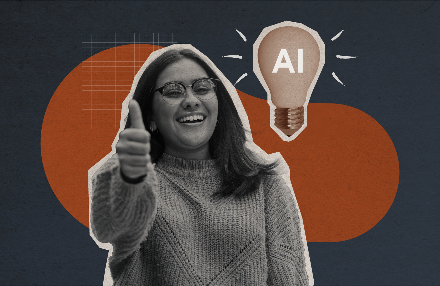 A woman gives a thumbs up as she stands next to a lightbulb that says AI. Part of the Labour Update on Oct 10, 2024