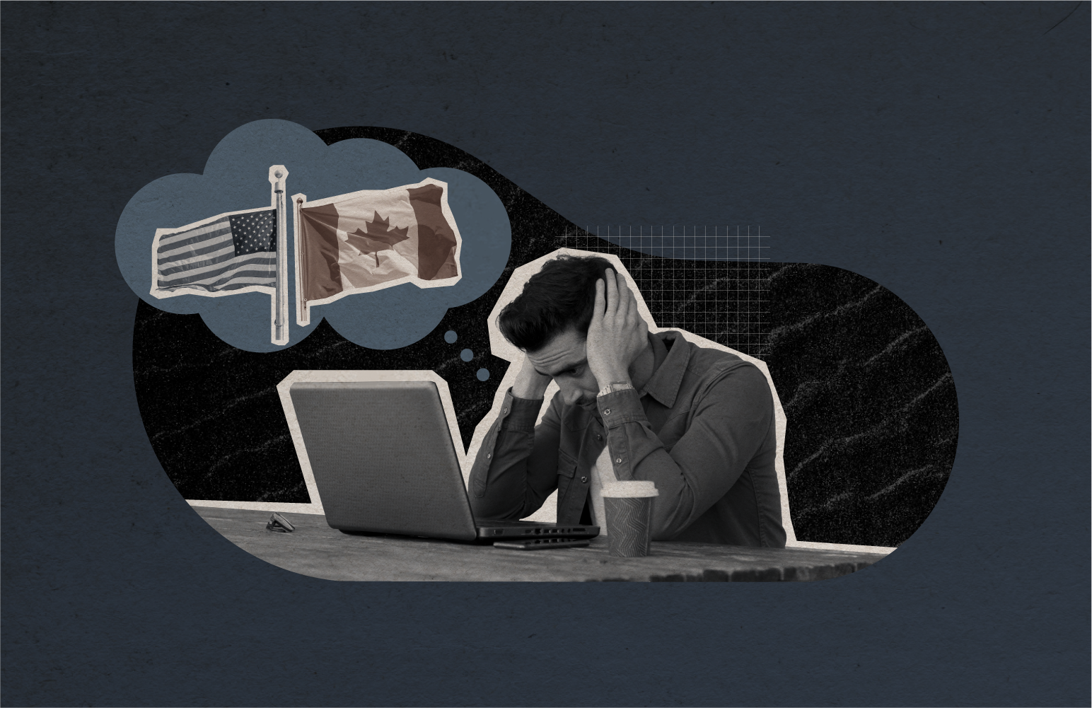 A man looks at his computer, appearing stressed. Canadian and US flags in the background