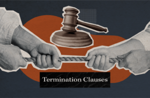 A tug of war takes place in front of a judge's gavel. Termination clauses.