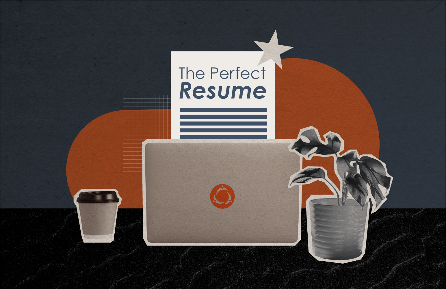 A document titled 'The Perfect Resume' sits beside a laptop computer.