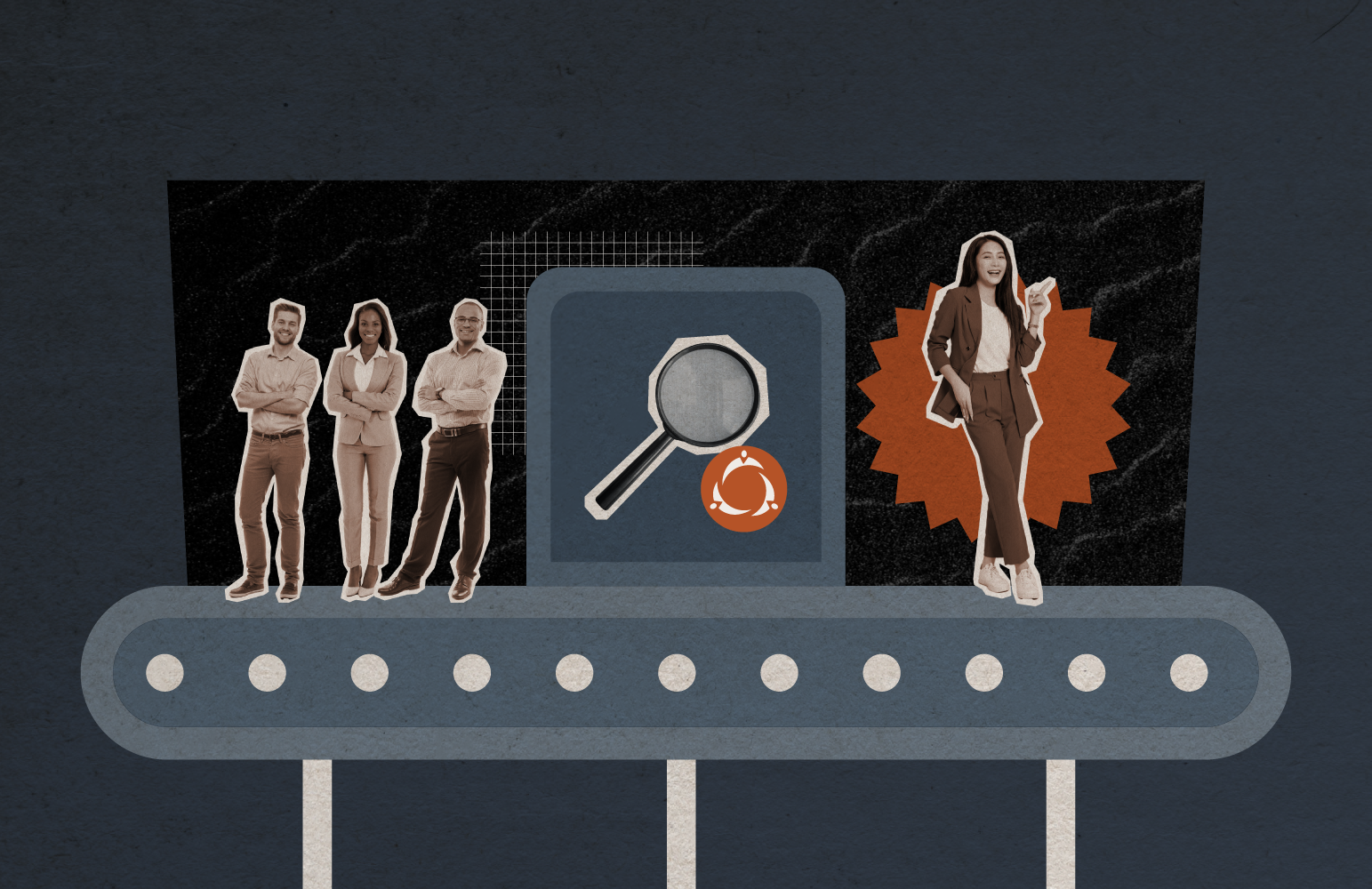 Candidates on a conveyer belt represent various types of recruitment.