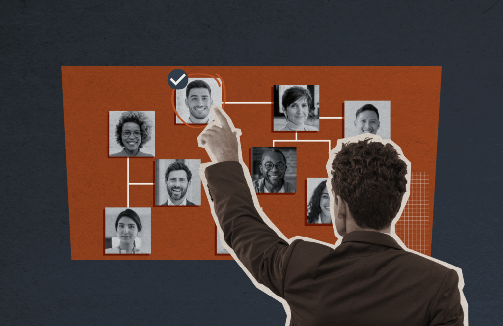 A man points at faces on a board, explaining what is headhunting.