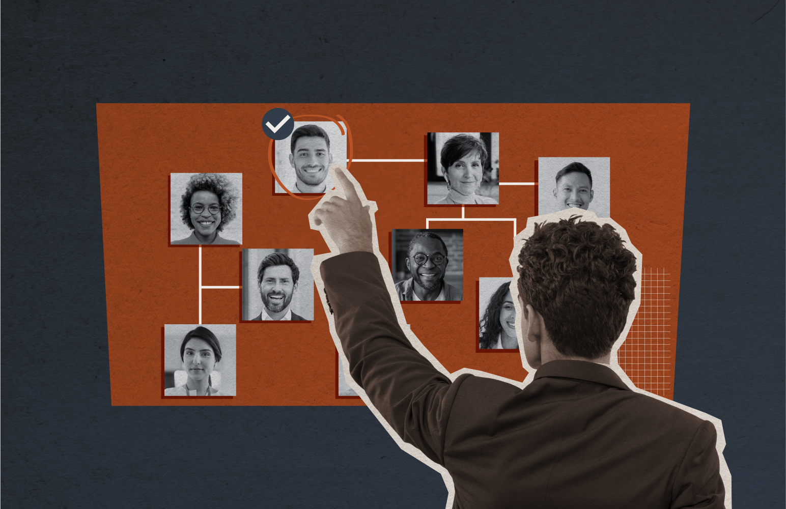 A man points at faces on a board, explaining what is headhunting.