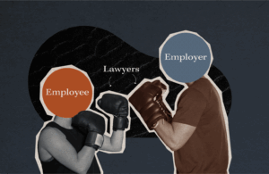 2 boxers square off, one labelled employer, one labelled employee. Between them stands a lawyer.