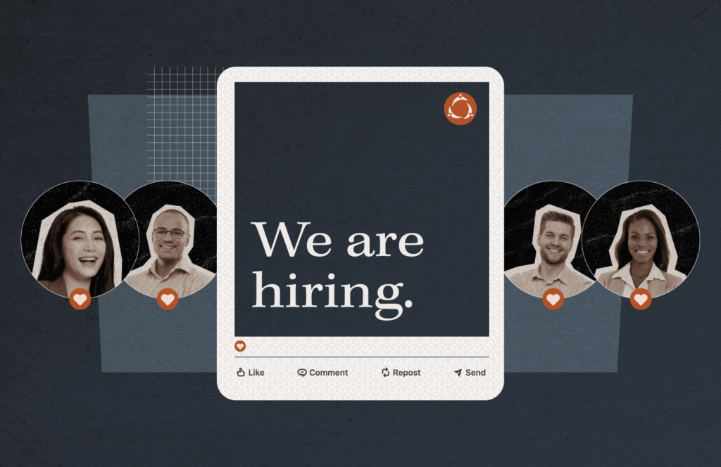 A screen on a device reads 'We are hiring', depicting social media recruiting.