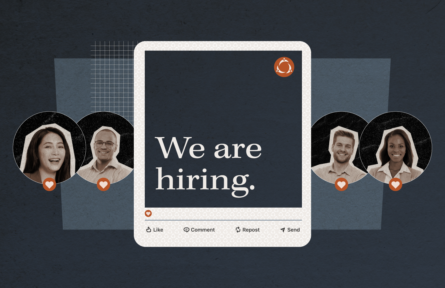A screen on a device reads 'We are hiring', depicting social media recruiting.