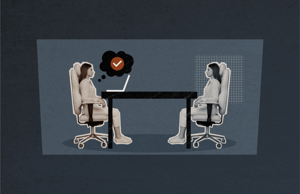 Two identical people sit at a table. One thinks a checkmark. A representation of affinity bias.