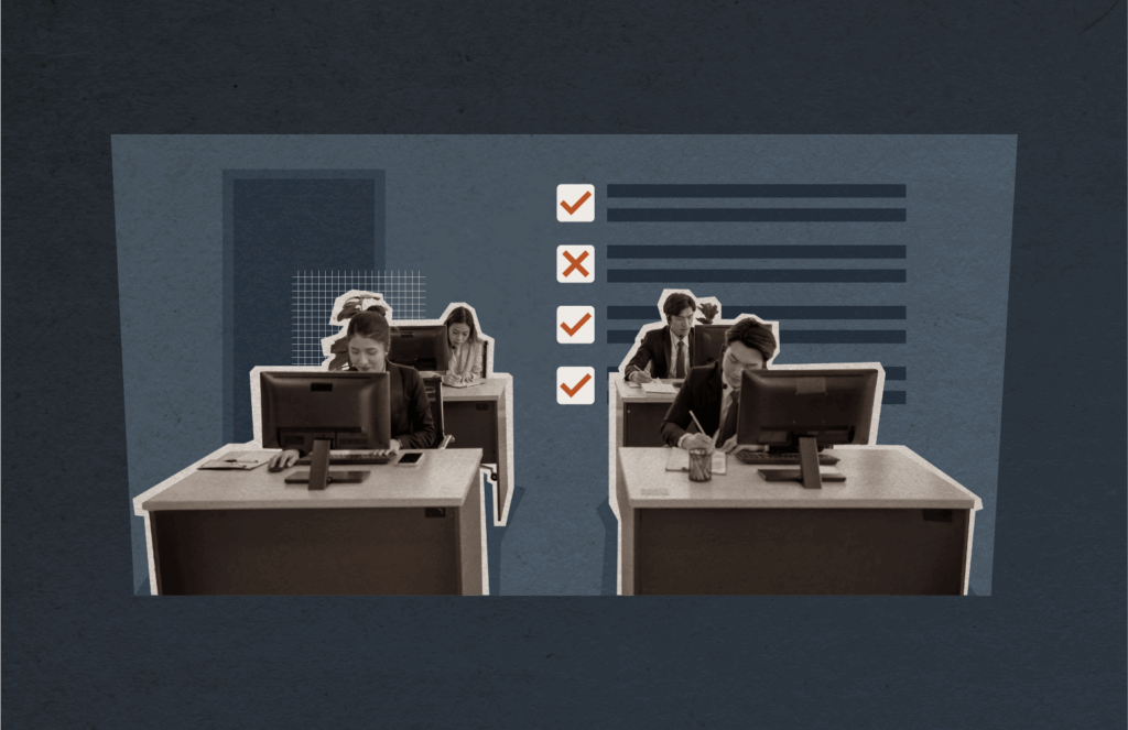 Two desks with employees and a series of checks and Xs demonstrate job evaluation in executive recruitment.