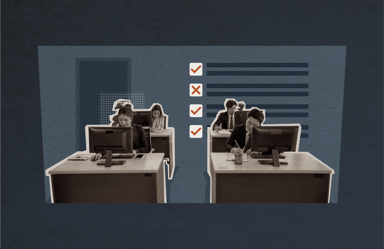 Two desks with employees and a series of checks and Xs demonstrate job evaluation in executive recruitment.