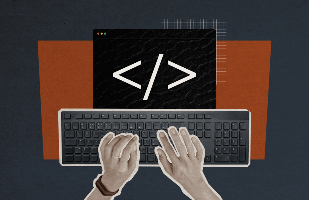 Hands on a keyboard and code represent information technology recruiting.