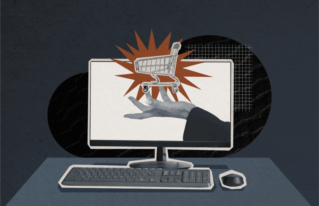A computer screen features a hand and a shopping cart, representing marketing recruitment agencies.