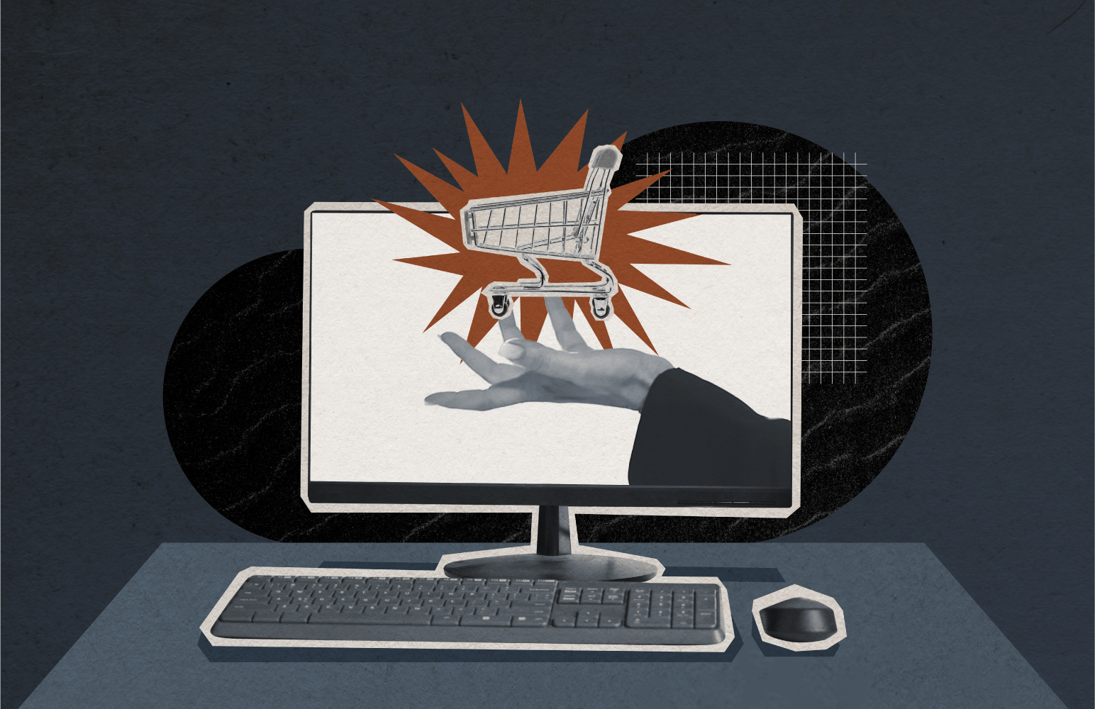 A computer screen features a hand and a shopping cart, representing marketing recruitment agencies.